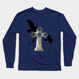 Gothic Cross Headstone With Crows and Ravens Long Sleeve T-Shirt